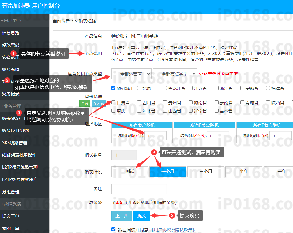 购买2-奔富加速器 奔富加速器节点配置界面示意图