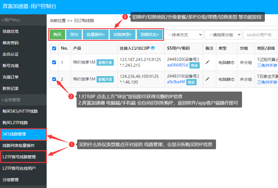 购买3-奔富加速器 奔富加速器IP管理界面示意图